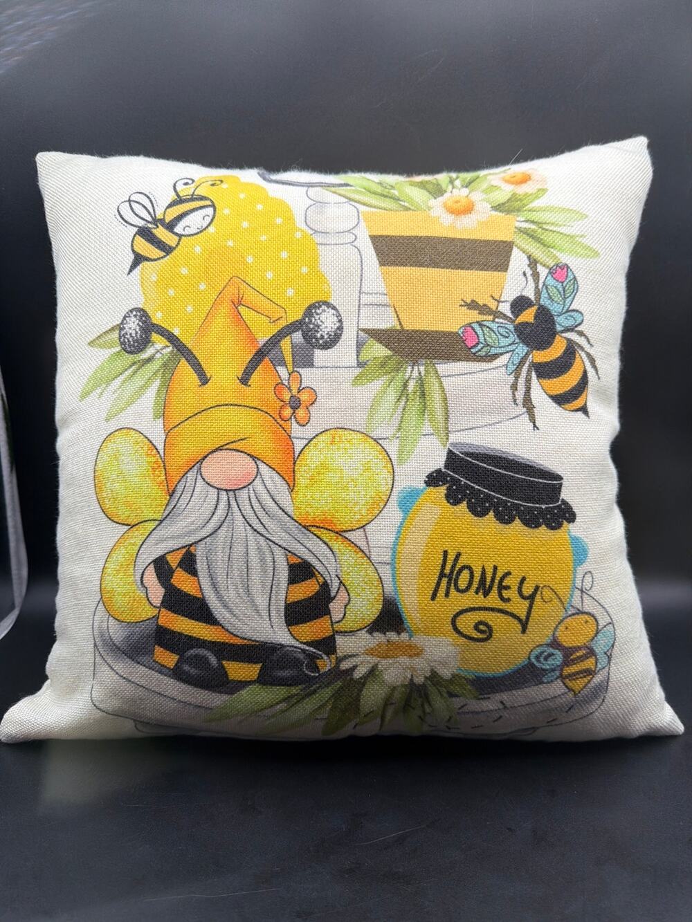 Bee Gnome Honey Throw Pillow 17x17 Bumble Bee Spring Summer Farmhouse Decor